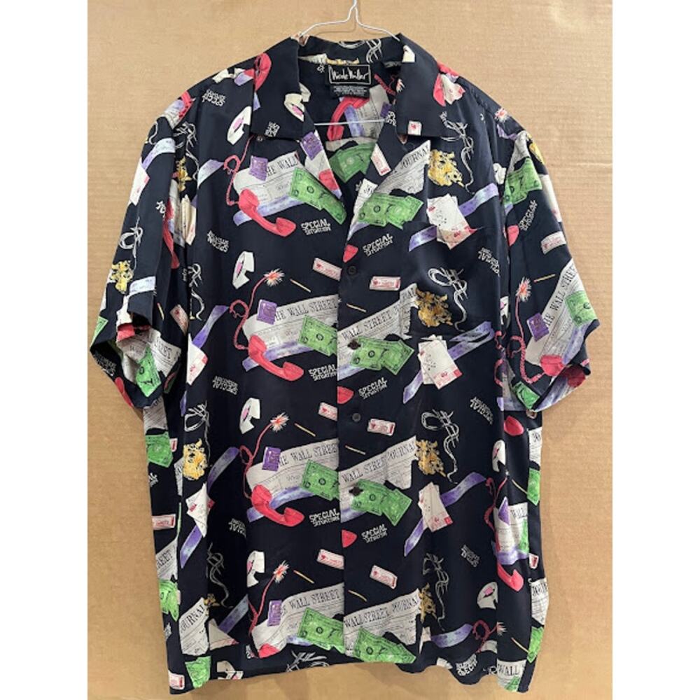 VTG 90s Nicole Miller Shirt Silk Wall Street Journal Multicolor Size L